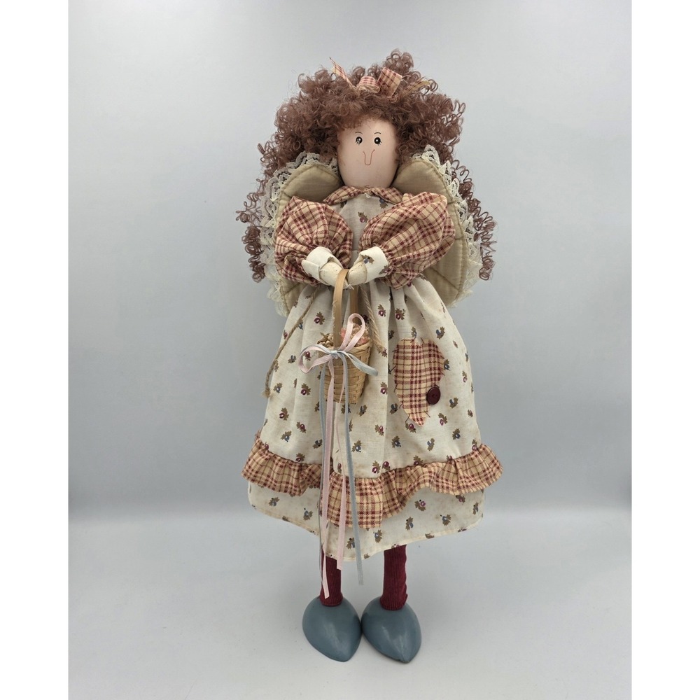 Vtg Handmade Angel Doll with Wings Wood & Fabric 15.5" Folk Country Primitive